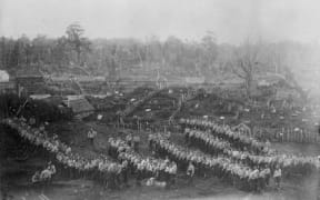 Armed constabulary prepare to advance on Parihaka pā, in Taranaki, in 1881.