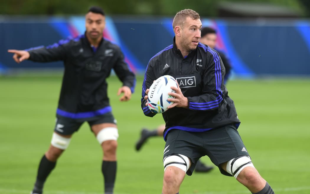 Lock Luke Romano at All Blacks training with Victor Vito in background at the Lensbury Hotel, Teddington, London. 2015 Rugby World Cup in England. Wednesday 16 September 2015. Copyright photo: Andrew Cornaga / www.photosport.nz