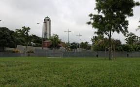 The site of the Pacific Islands memorial at the Pukeahu National War Memorial. The main carillion towers in the distance.