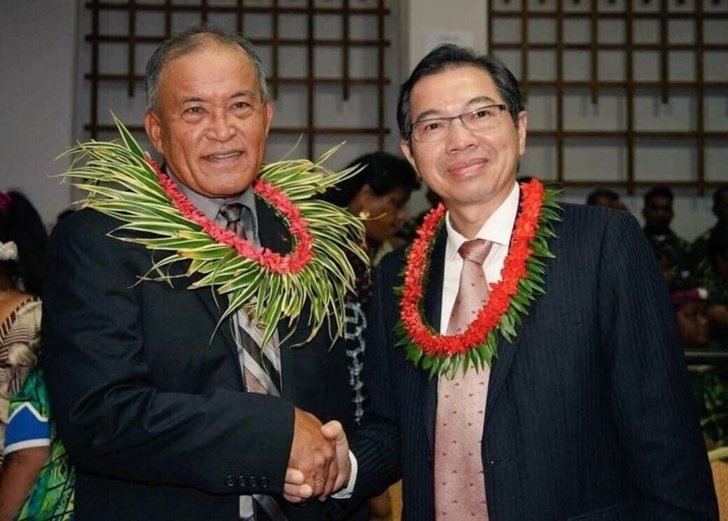 Marshall Islands President David Kabua, left, is congratulated by Taiwan's ambassador to the republic Jeffrey Hsiao following his election victory in January.