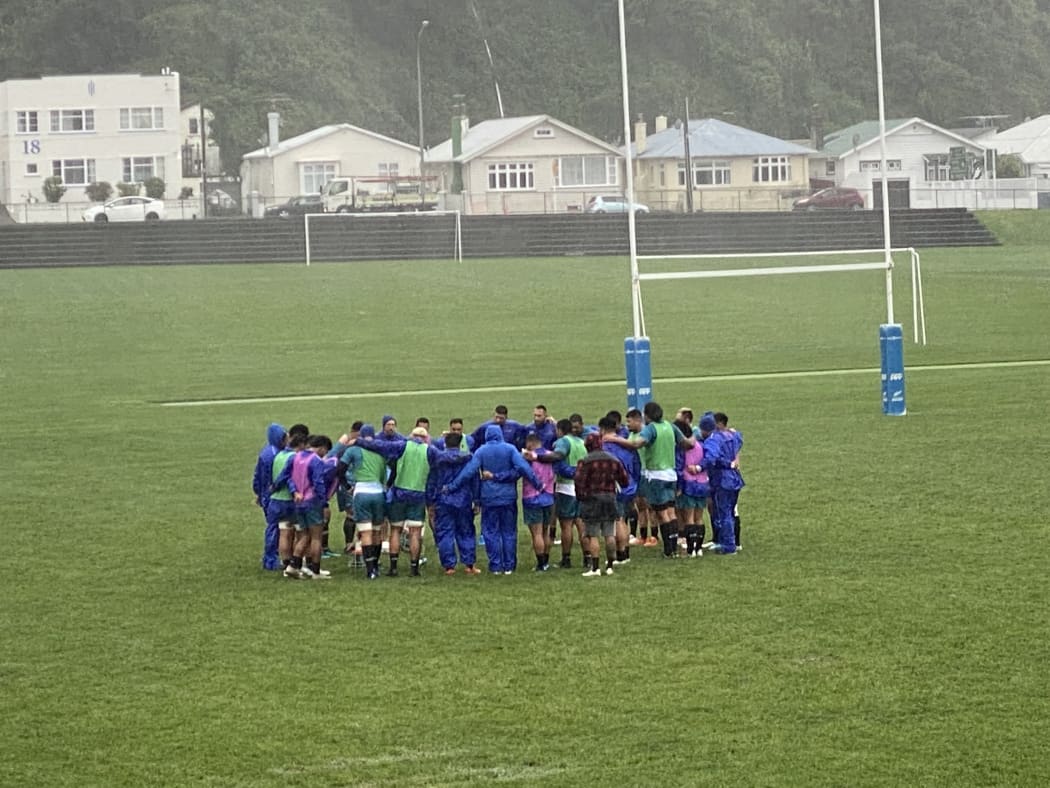 Manu Samoa trained in the Wellington rain ahead of their test against the Māori All Blacks.