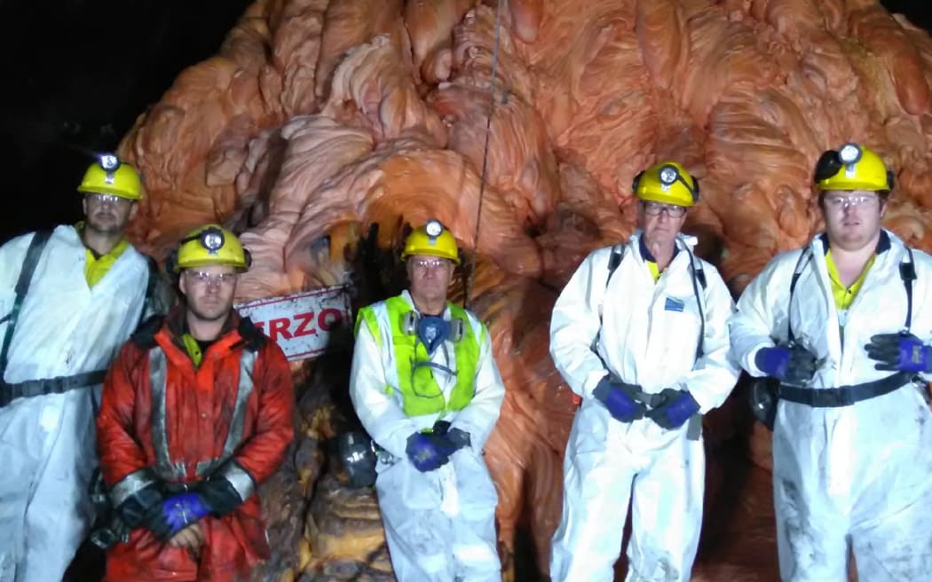 Geotechnical engineer Rick Lee, mine worker Luke Taylor, chief operating officer Dinghy Pattinson, mine manager / health and safety manager Greg Duncan, and mine maintenance planner Liam Collins at the Rocsil Plug.