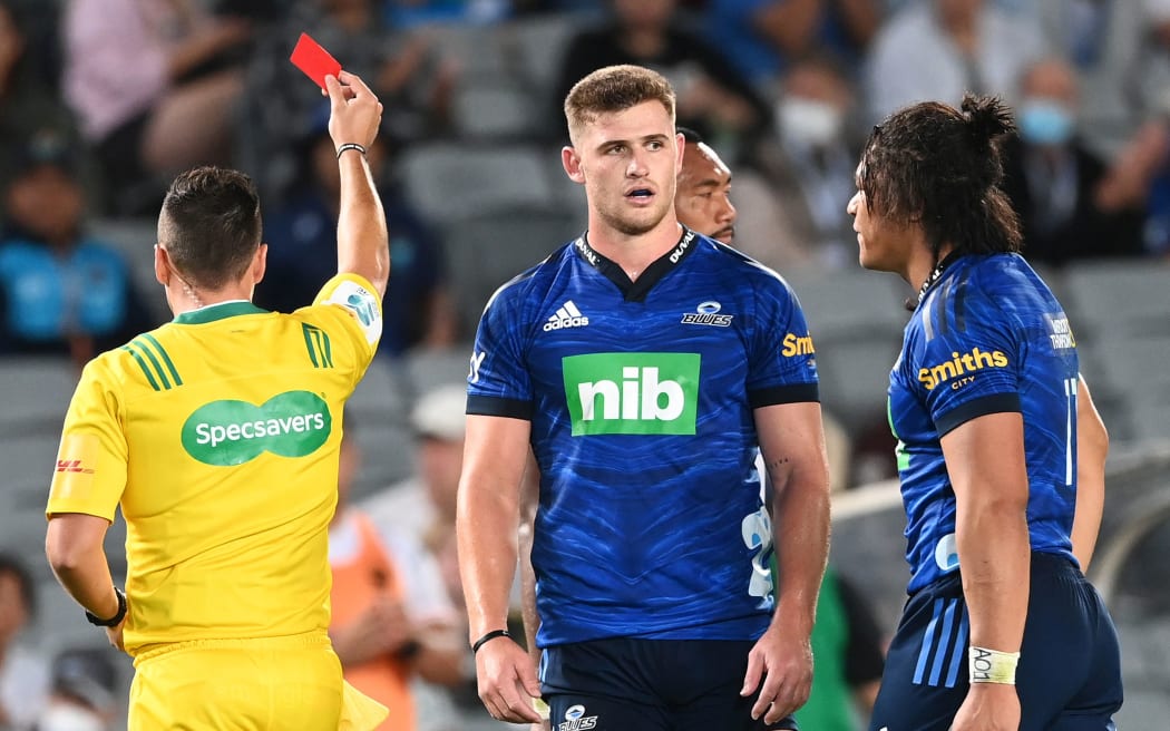 Blues player Caleb Clarke is red carded after his collision with Moana Pasifika player Tomasi Alosio during the Moana Pasifika v Blues Super Rugby Pacific rugby union match. Eden Park, Auckland, New Zealand. Saturday 2 April 2022. © Photo: Andrew Cornaga / www.Photosport.nz