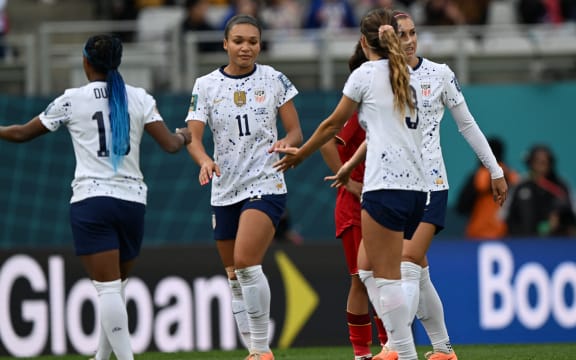 Sophia Smith (11) celebrates scoring her team's second goal against Vietnam at Eden Park.