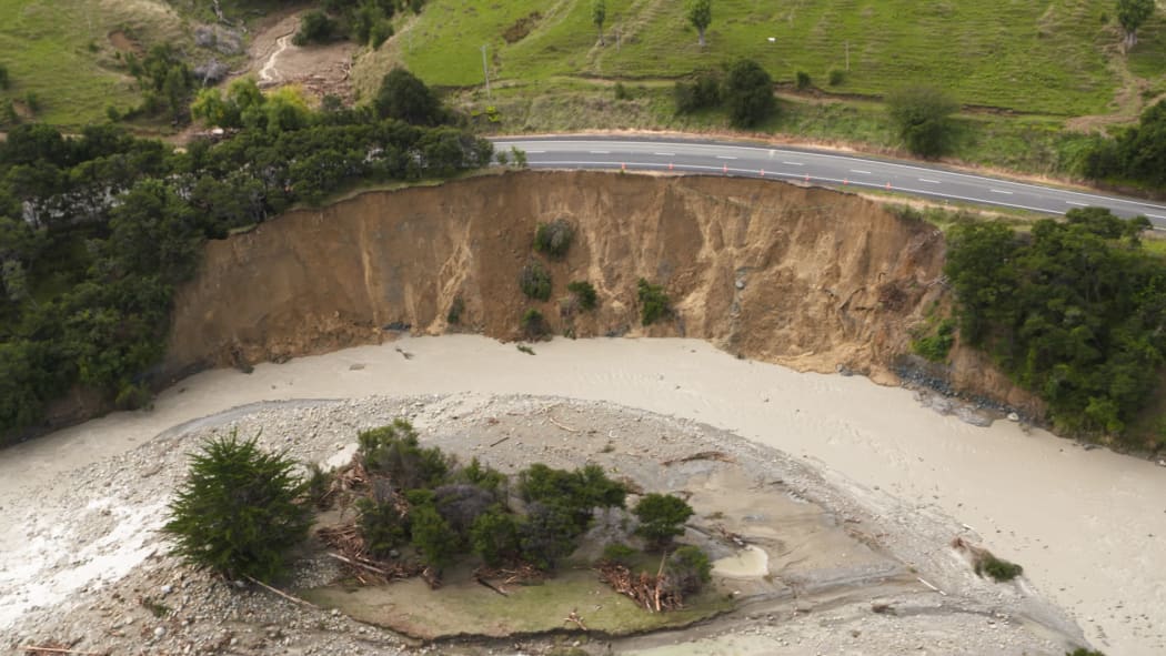 Mangahauini River eats away at State Highway 35 near Tokomaru Bay