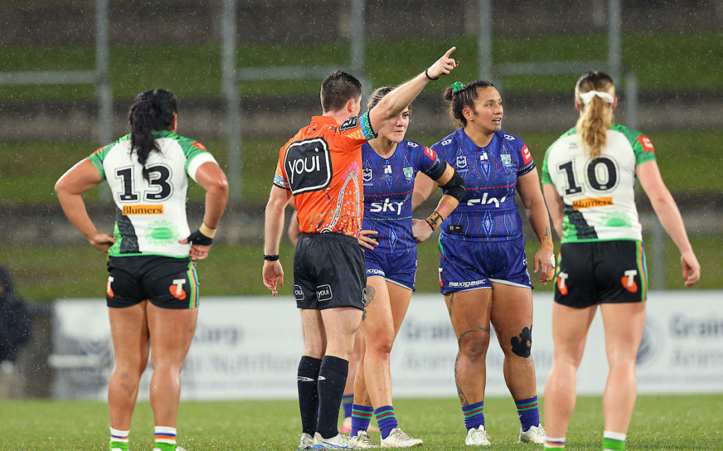 Warriors second-rower Matekino Gray leaves the field after getting a red card for a dangerous tackle.