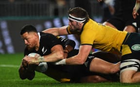 All Blacks player Sonny Bill Williams goes in for a try during the 2nd Bledisloe Cup Rugby game. All Blacks v Australia. Auckland, New Zealand. Saturday 17 August 2019.