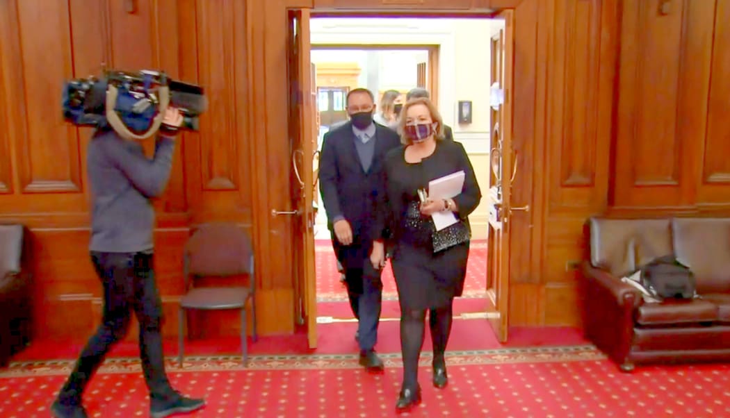 Opening the doors: Judith Collins and Dr Shane Reti prepare to tell the media about their plan for opening up.