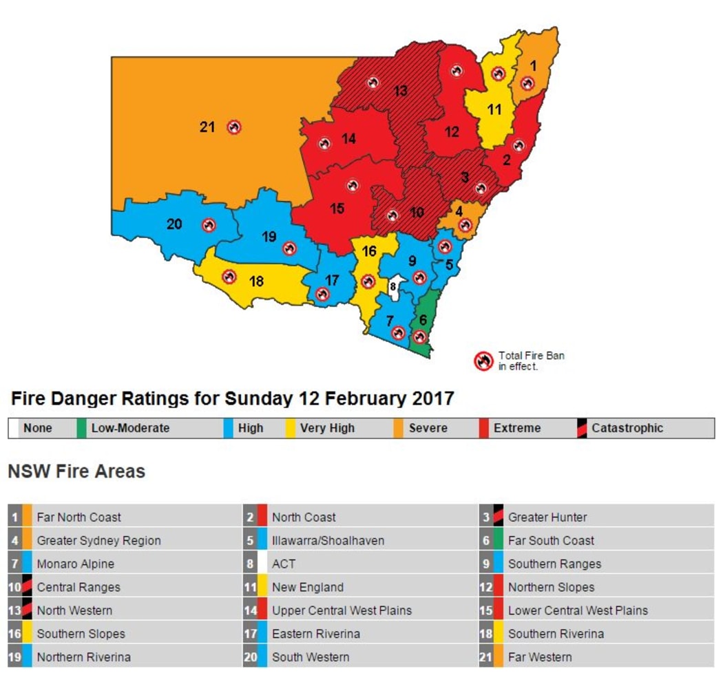 The rural NSW fire service tweeted this map warning people of the danger areas.
