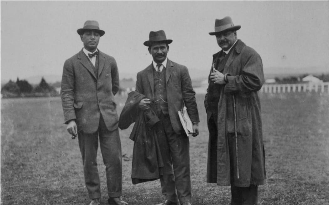 Peter Buck (Te Rangi Hiroa), Apirana Ngata, and Maui Pomare at Avondale camp on 20 October, 1914.