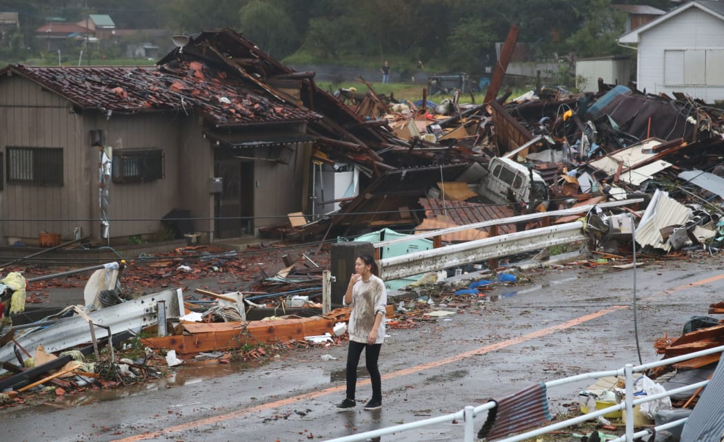 Houses are damaged by strong wind that is considered to be tornado in Ichihara, Chiba prefecture on Oct. 12, 2019, as Typhoon Hagibis, a massive Category 5 storm, is approaching to Japan.