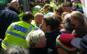 Police and protesters at Westpac Stadium in Wellington.