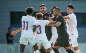 Players of both teams (Michael Boxall and Bill Tuiloma) argue during the New Zealand All Whites v Qatar friendly football match in Austria, 2023.