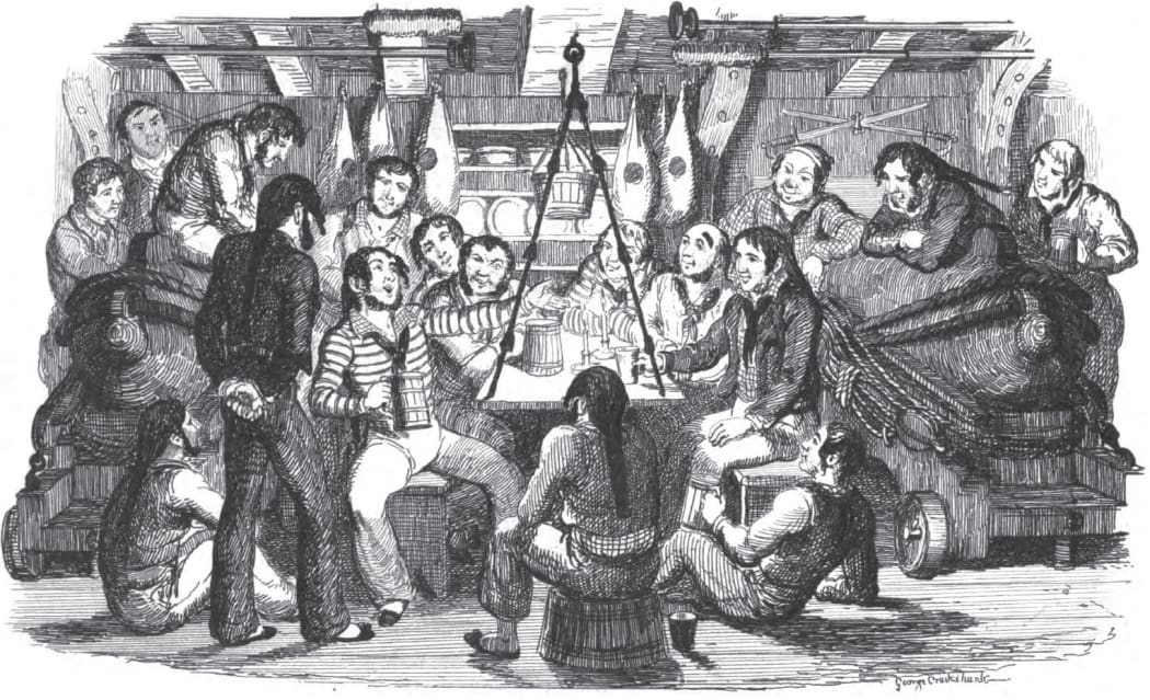 Saturday Night at Sea: An illustration from the book "Songs, naval and national" by Thomas Dibdin, 1841.
