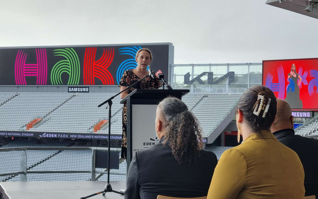 Dame Hinewehi Mohi at the launch of Mohi's campaign to break the haka world record.