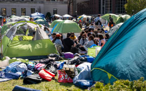 NEW YORK, NEW YORK - APRIL 26: Pro-Palestinian supporters continue to organize a protest encampment on the campus of Columbia University on April 26, 2024 in New York City. All classes at Columbia University have been held virtually today after school President Minouche Shafik announced a shift to online learning in response to recent campus unrest.   Spencer Platt/Getty Images/AFP (Photo by SPENCER PLATT / GETTY IMAGES NORTH AMERICA / Getty Images via AFP)