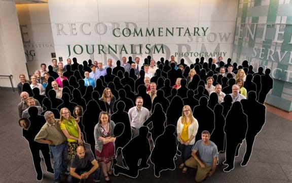 A photo of Denver Post staff in 2013 after the paper won a Pulitzer prize. Those in black have left the paper or been made laid off in the past five years.