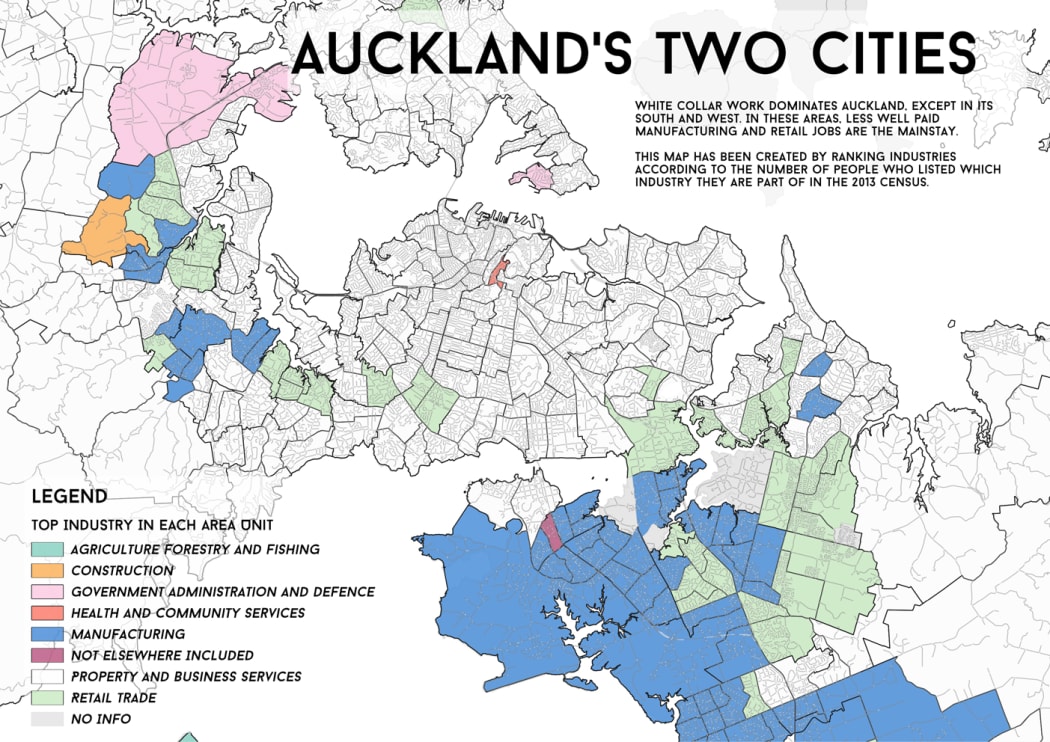 A map showing the top industries in Auckland