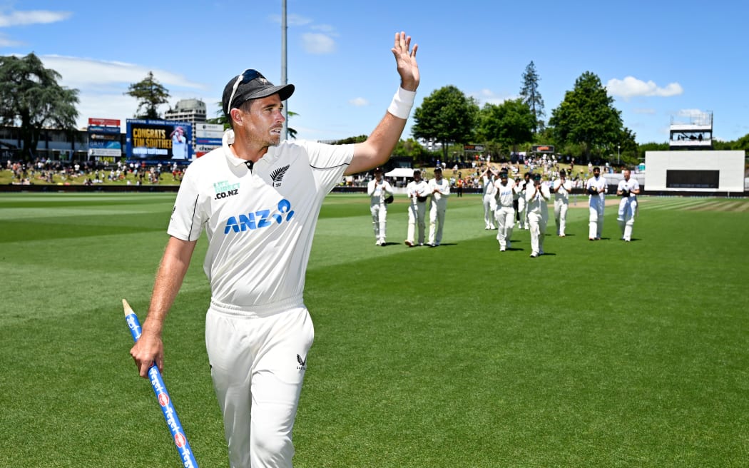 Tim Southee leads the Black Caps from the field after his final test.