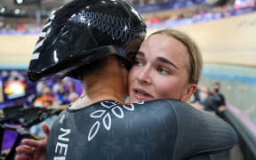 Picture by Alex Whitehead/SWpix.com - 07/08/2024 -  Paris 2024 Olympic Games - Track Cycling - National Velodrome, Saint-Quentin-en-Yvelines, France - Women’s Team Pursuit Final For Gold - Ally Wollaston, Bryony Botha, Emily Shearman, Nicole Shields (New Zealand) after winning the Olympic Bronze Medal