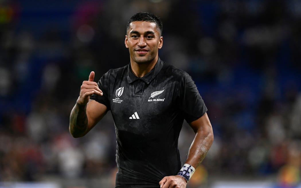 Rieko Ioane of New Zealand celebrates after the game. Rugby World Cup France 2023, New Zealand All Blacks v Italy, Pool A match at  OL Stadium, Lyon, France on Friday 29 September 2023. Mandatory credit: Andrew Cornaga / www.photosport.nz