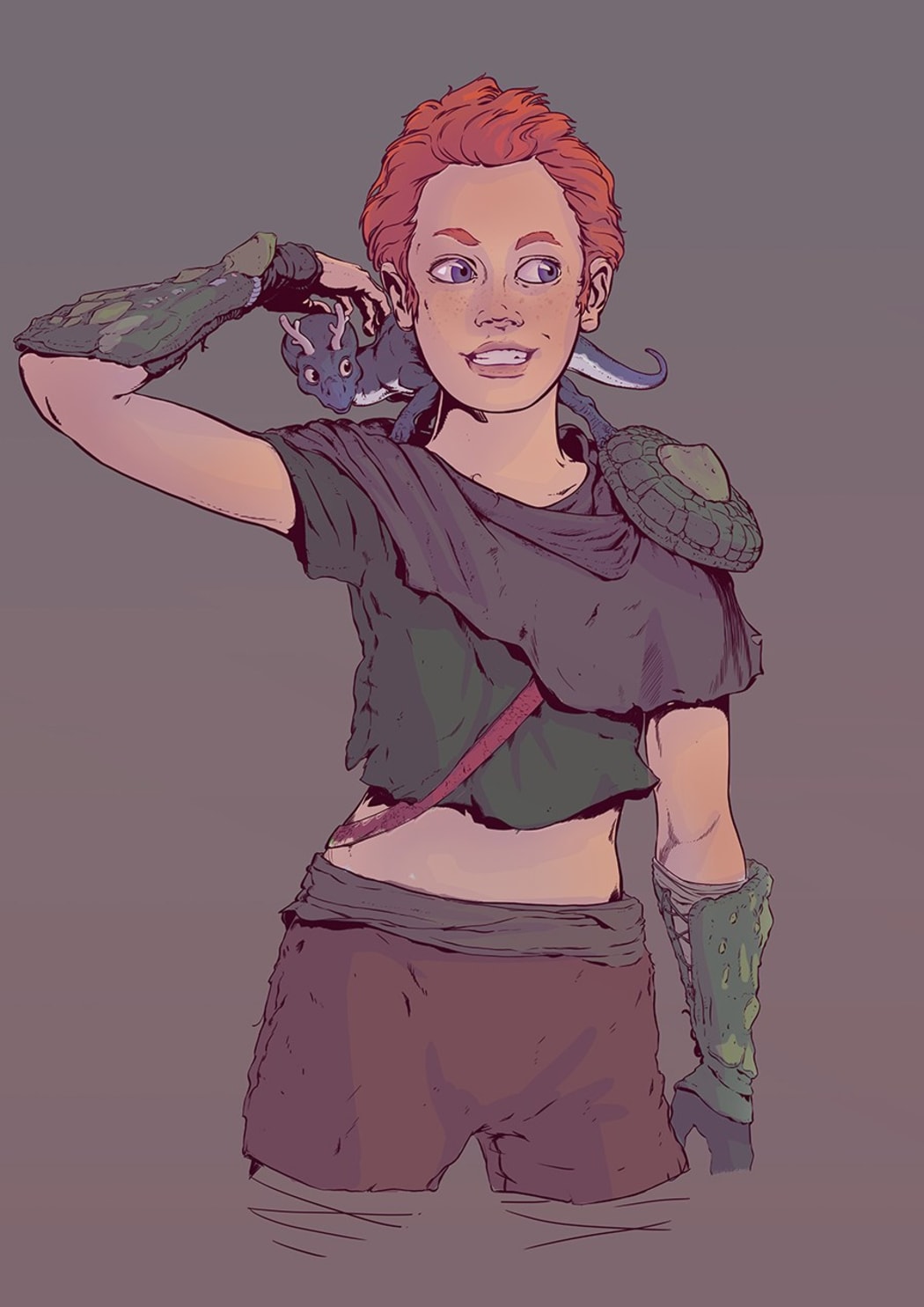Girl with small dinosaur on her back.