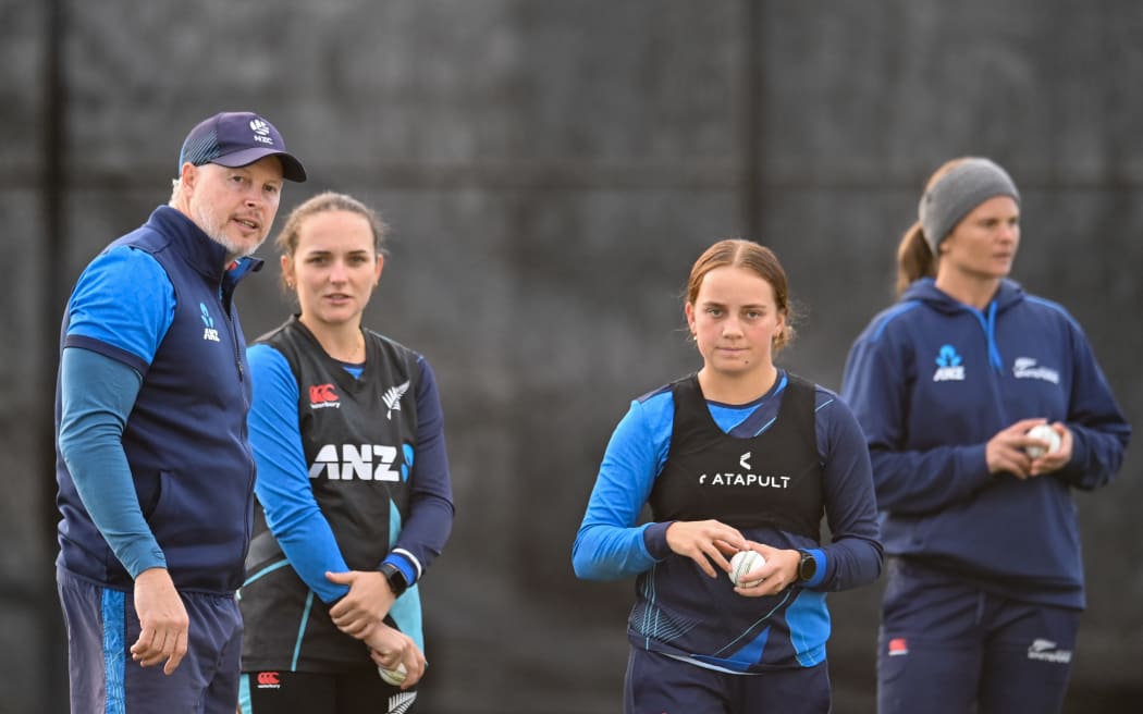 Paul Wiseman NZC National Talent ID Manager with Melie Kerr, Eden Carson and Suzie Bates during the White Ferns Training camp, 2024.