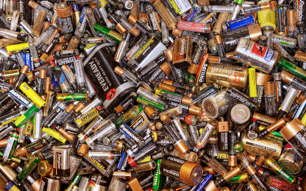 Many dead batteries gathered for recycling.