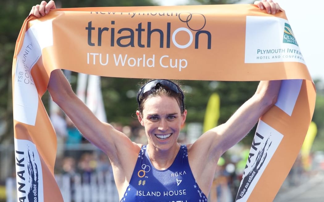 Gwen Jorgenson crosses the line in New Plymouth.