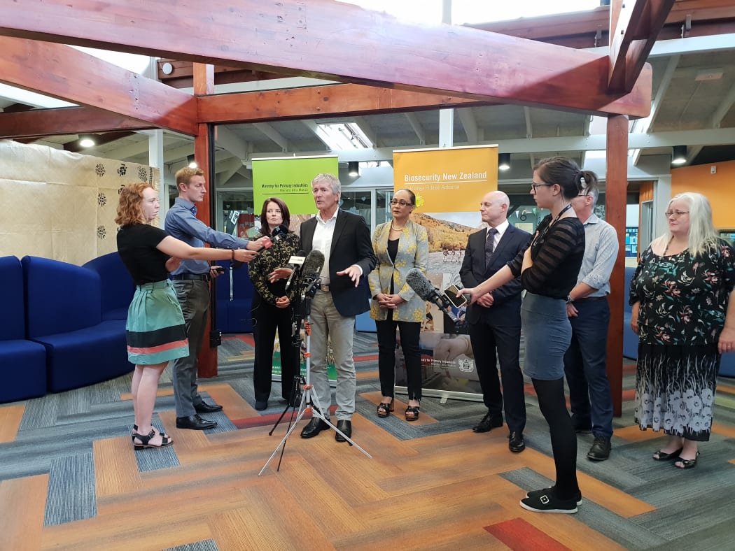 Biosecurity Minister Damien O'Connor addresses media in Ōtara on Wednesday 20 February regarding a fruit fly found in the suburb.