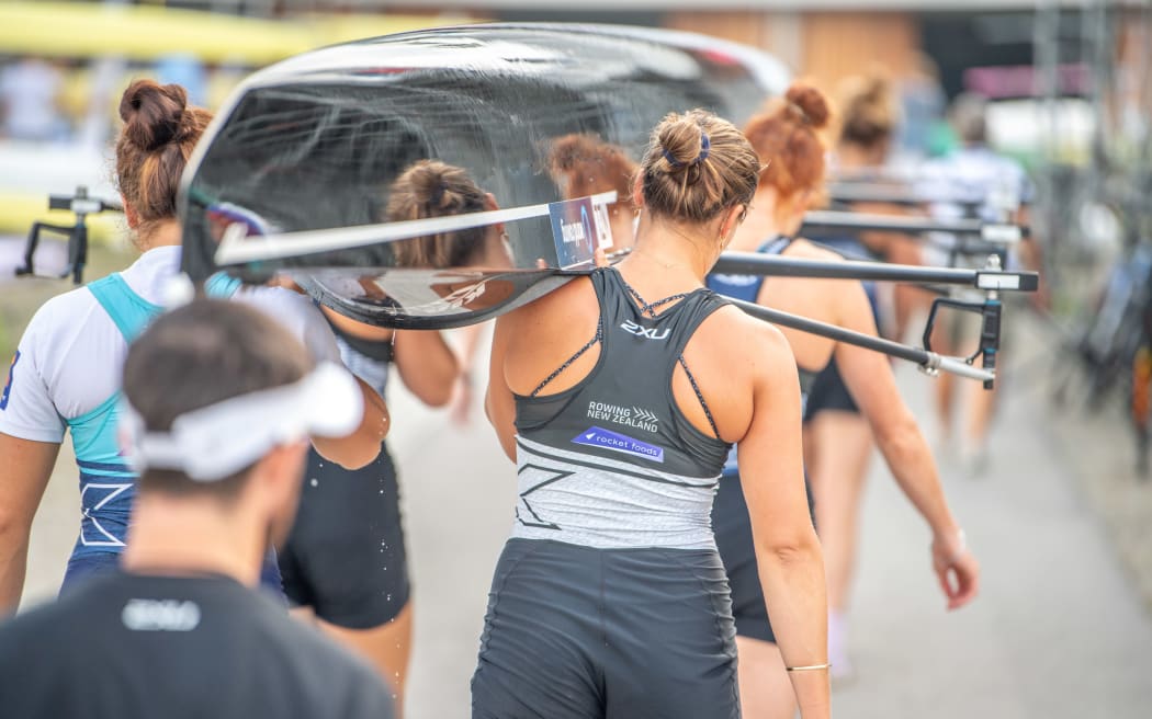 Jackie Gowler, Beth Ross, Kerri Gowler, Grace Prendergast, Kelsey Bevan,  Lucy Spoors, Emma Dyke and Caleb Shepherd. New Zealand women's eight 2019 World Championships.