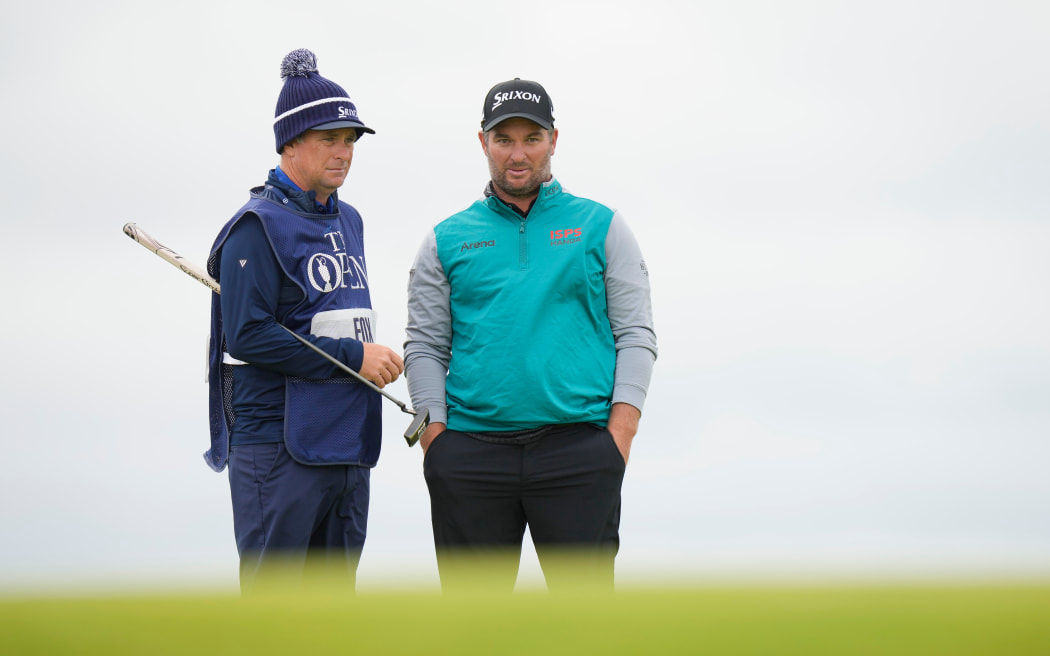 New Zealand golfer Ryan Fox and his caddy Dean Smith at Royal Troon for the 2024 The Open Championship.