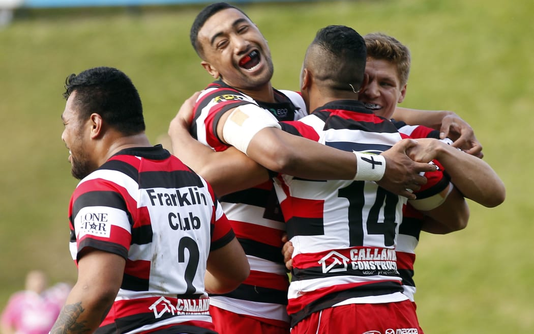 Counties celebrate Toni Pulu's 2nd try against Manawatu, 2015.