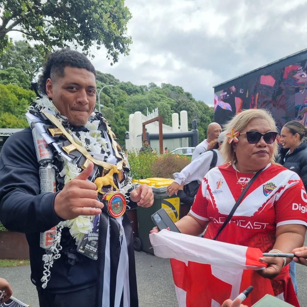 Mate Ma'a Tonga fans who turned up outside the main Mount Smart Stadium on Wednesday. 30 October 2024
