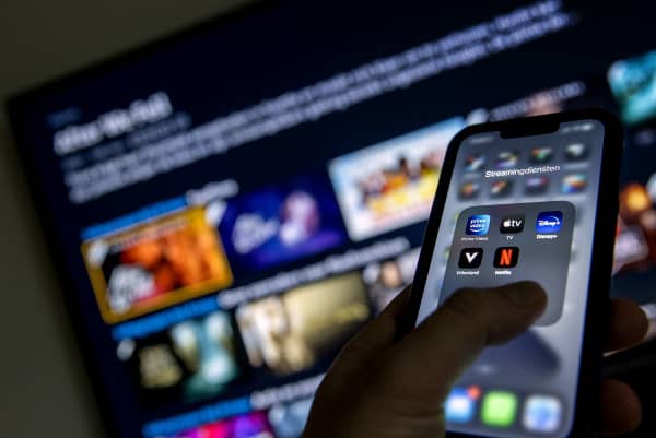 2022-01-19 12:42:43 ILLUSTRATIVE - Applications from streaming services Disney Plus, Amazon Prime Video, Apple TV, Videoland and Netflix on a phone. KOEN VAN WEEL (Photo by Koen van Weel / ANP MAG / ANP via AFP)