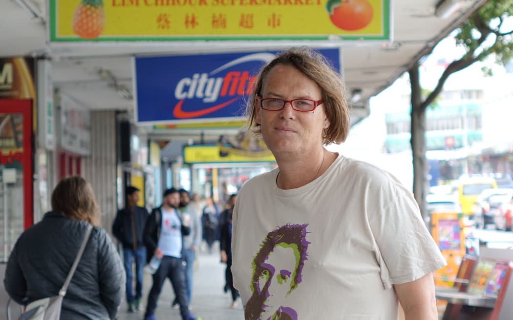 Six, the editor of the K Road Chronicle, pictured on Karangahape Road.