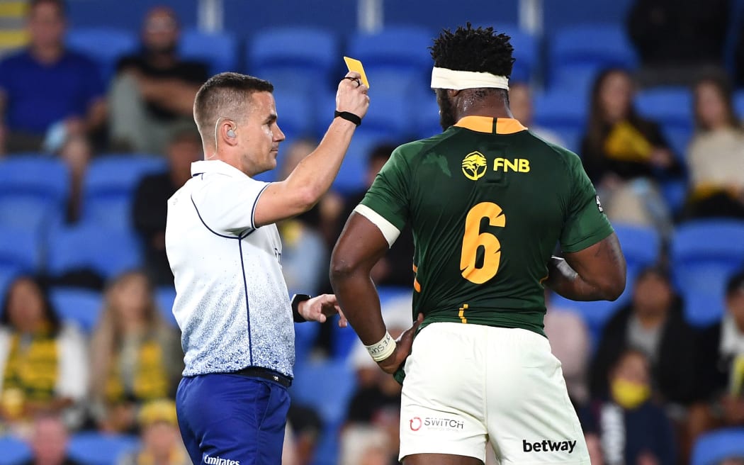 Springboks player Siya Kolisi receives a yellow card from referee Luke Pearce during the Rugby Championship Round 3 match between Australia Wallabies and South Africa Springboks at CBus Stadium on the Gold Coast, Sunday, September 12, 2021.