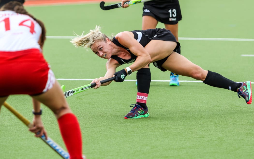 Black Sticks captain Anita Punt scores one of her four penalty corners against Canada