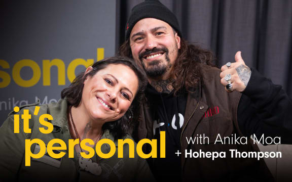 Hohepa Thompson joins Anika Moa in studio for season two of It's Personal. The words "It's Personal" appear in yellow and bold, with the words "with Anika Moa + Hohepa Thompson" in white.