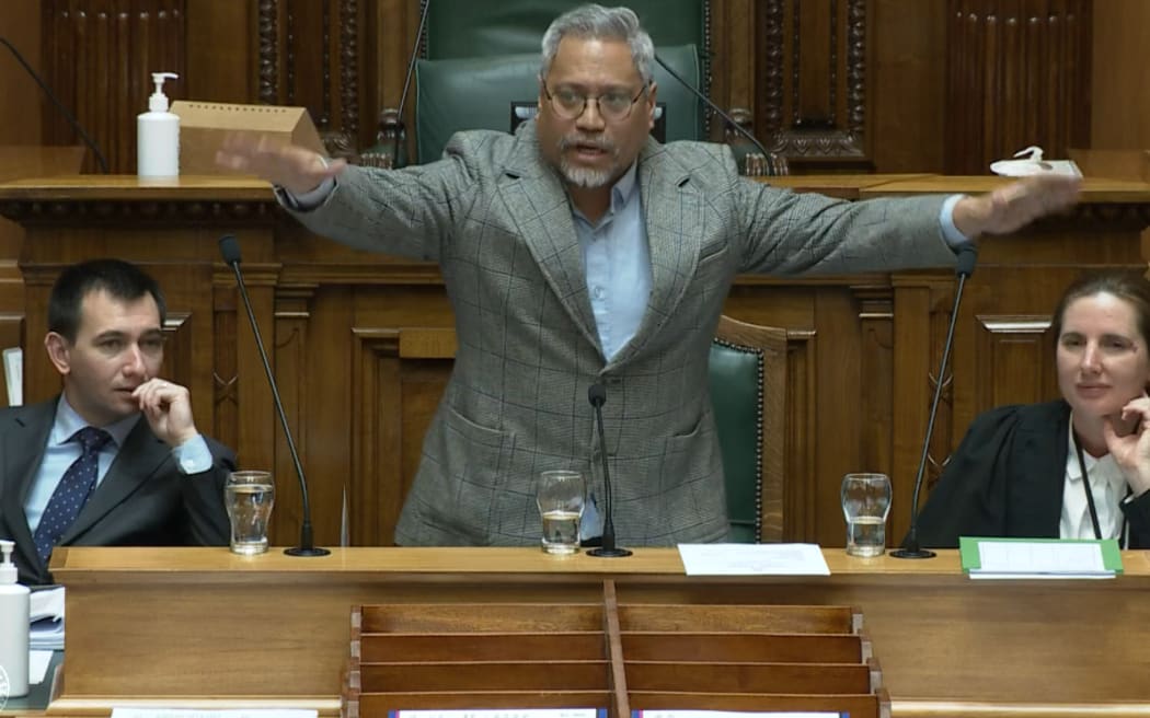 Chairperson Teanau Tuiono loses his patience with MPs raising points of order over the stickers on Hana-Rawhiti Maipi-Clarke laptop in the House on 24 July, 2024.