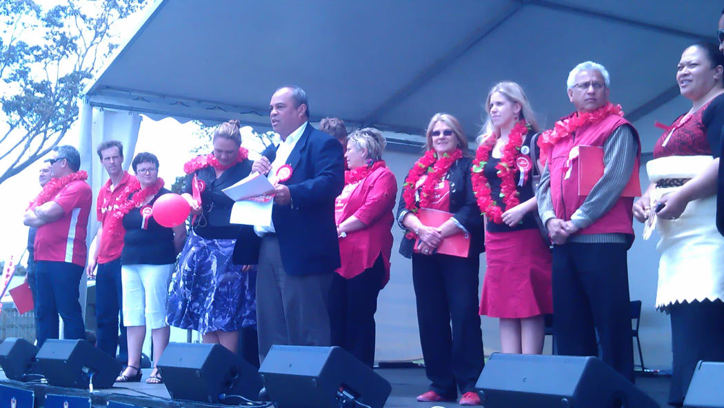 Su'a William Sio, centre, announces the policy at the North Shore Pasifika Festival.