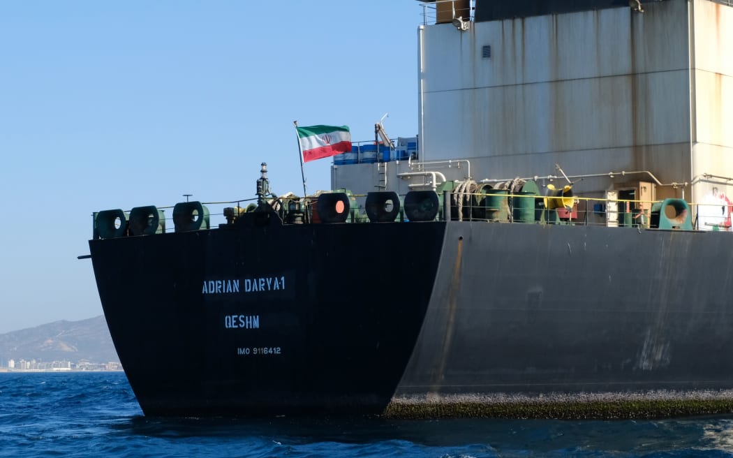 An Iranian flag flutters on board the Adrian Darya oil tanker, formerly known as Grace 1, off the coast of Gibraltar on August 18, 2019.