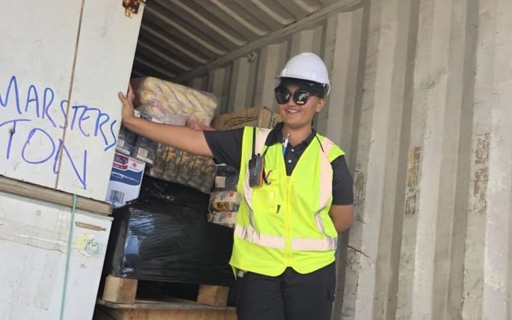 Palmerston Island Government councillor Juliana Marsters unloading cargo from the Taunga Nui vessel. SUPPLIED/25081508