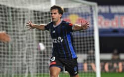Guillermo May of Auckland FC celebrates his goal.