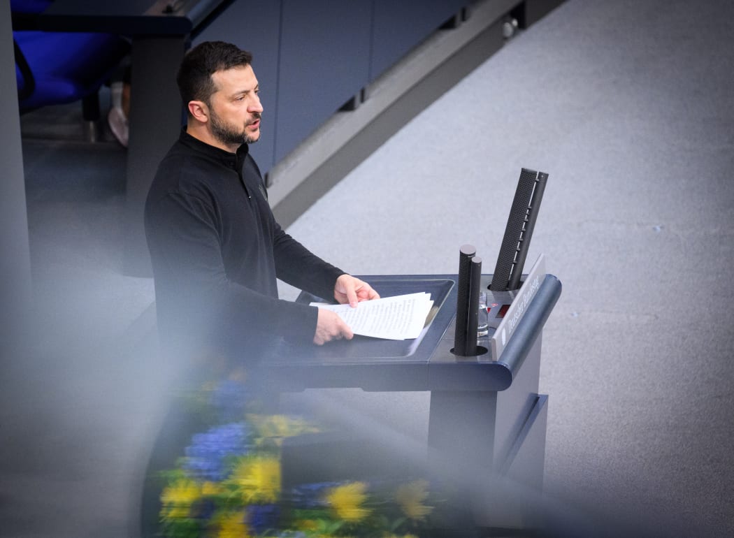 11 June 2024, Berlin: Volodymyr Zelensky, President of Ukraine, gives a speech in the German Bundestag. Ukrainian President Selenskyj is in Berlin for the International Conference on the Reconstruction of Ukraine. It is his third visit to Berlin since the Russian invasion more than two years ago. Photo: Bernd von Jutrczenka/dpa (Photo by BERND VON JUTRCZENKA / DPA / dpa Picture-Alliance via AFP)