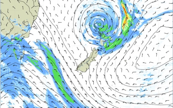MetService forecasting shows the predicted track of ex-tropical cyclone Lola as it moves down towards Gisborne, about 1am Tuesday.