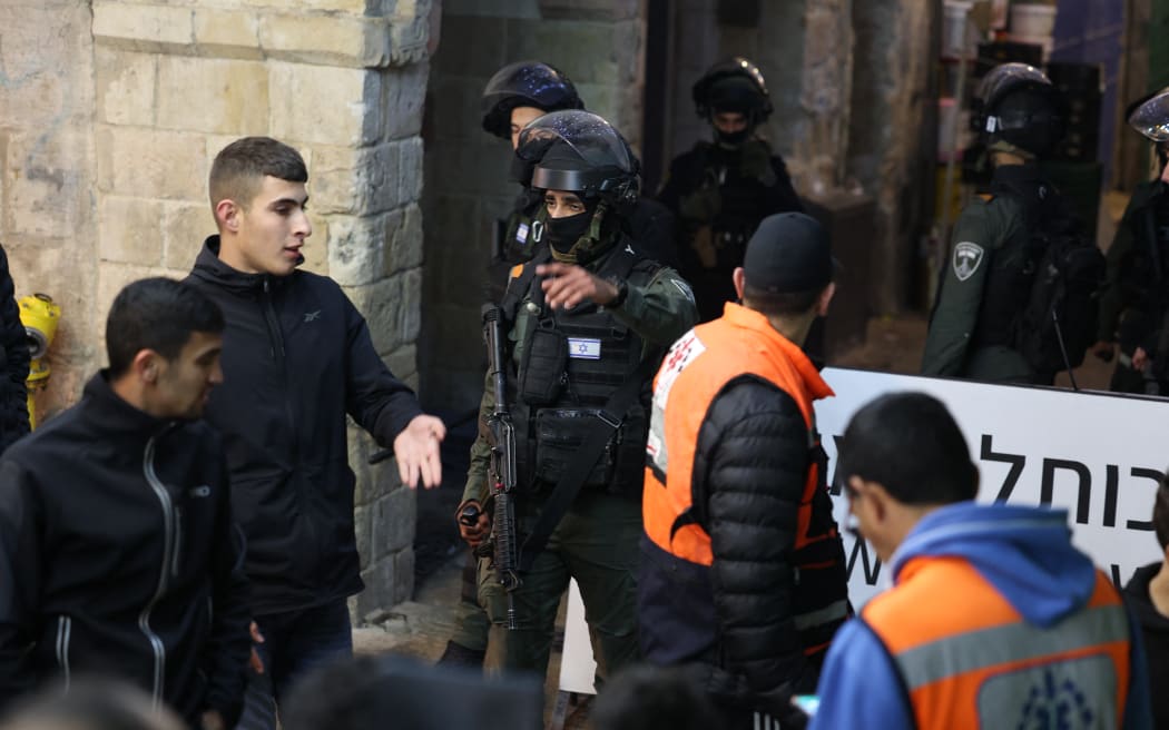 Israeli security forces are seen during the expulsion of worshipers from Al-Aqsa mosque compound in Jerusalem's Old City.