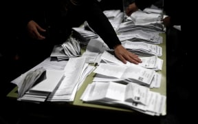Polling station staff count the voting ballots of Catalan regional parliamentary snap election.