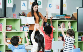 Young asian woman teacher teaching kids in kindergarten classroom, preschool education concept