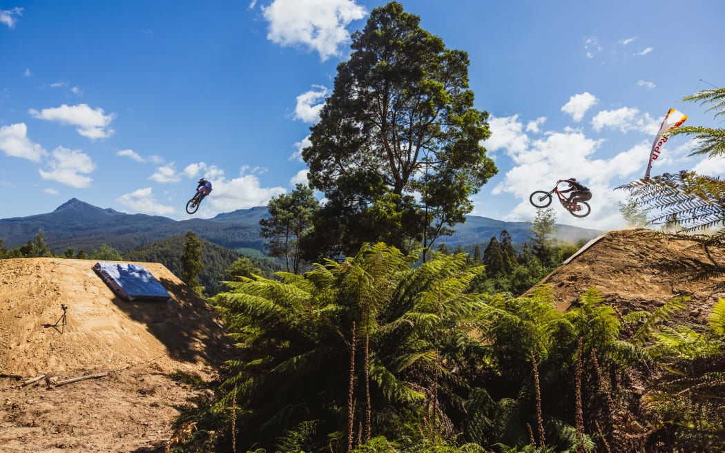 Sam Blenkinsop and Brook Macdonald participates at Red Bull Hardline in Maydena Bike Park, Australia.